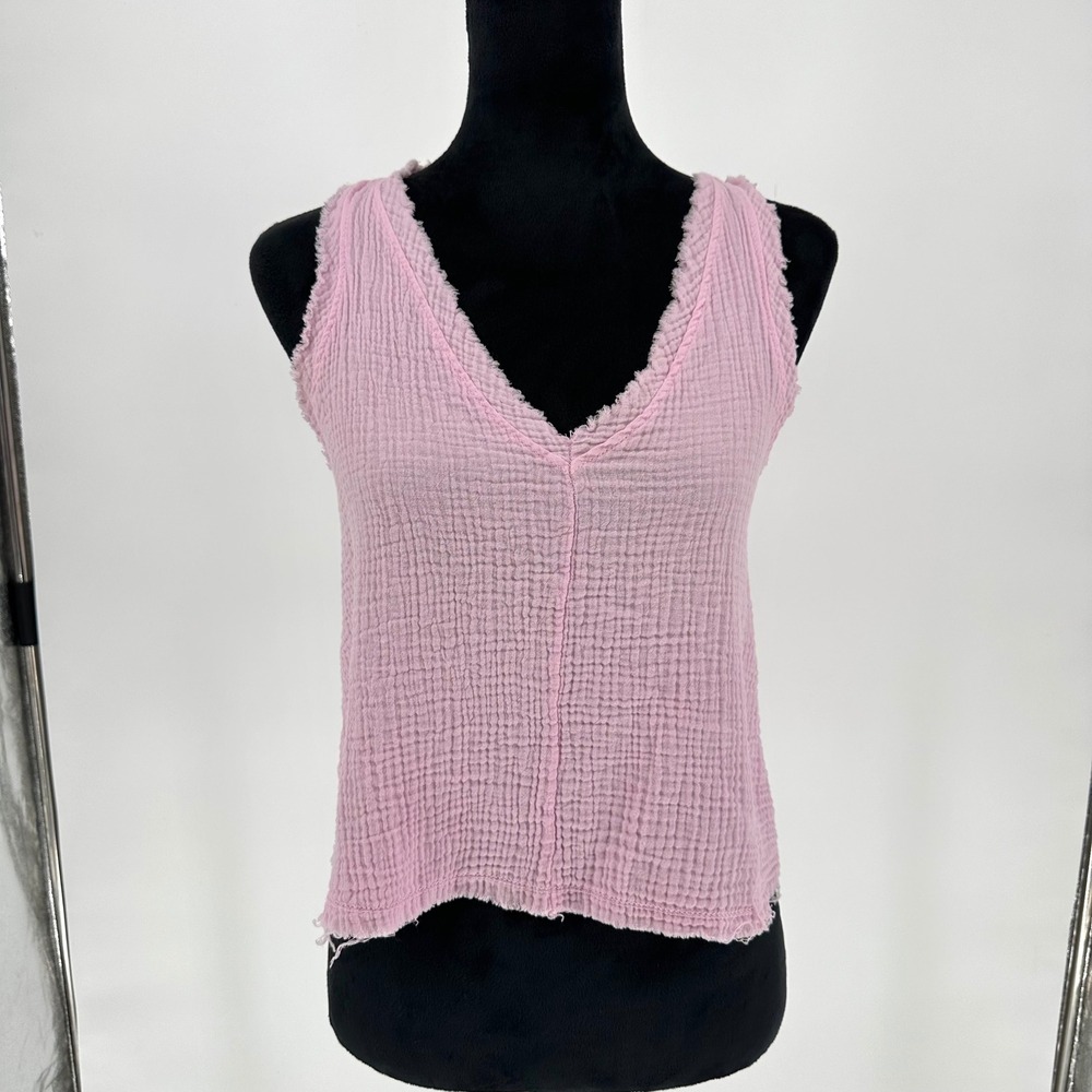 Altar'd State Light Pink Gauze Cotton Frayed V Neck Tank‎ Top Summer XS